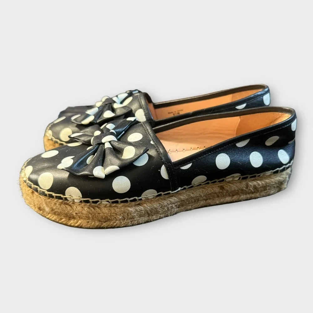 Kate‎ Spade Espadrille Shoes Women's 5.5 Polka Dot Bow Tie Leather Black Flats